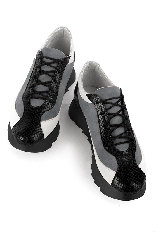 Satin black, dove grey and off white women's elegant sneakers. Round toe. Low rubber soles. Top view - Florence KOOIJMAN